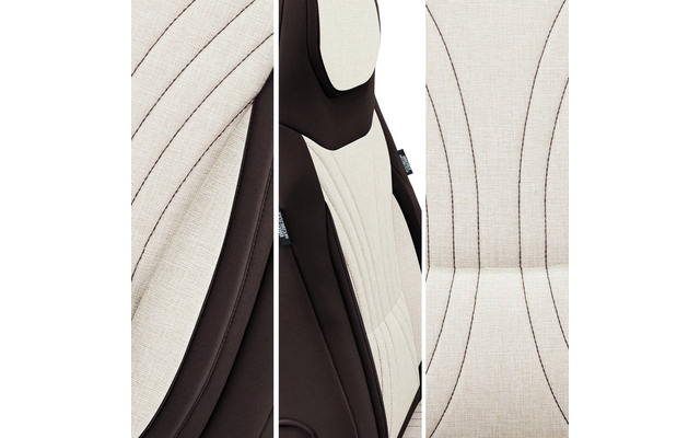 Dreiteilige Nahaufnahme eines hellbeigen bezogenen Sitzes mit dunkelbraunen Seiten und sichtbaren geschwungenen Nähten