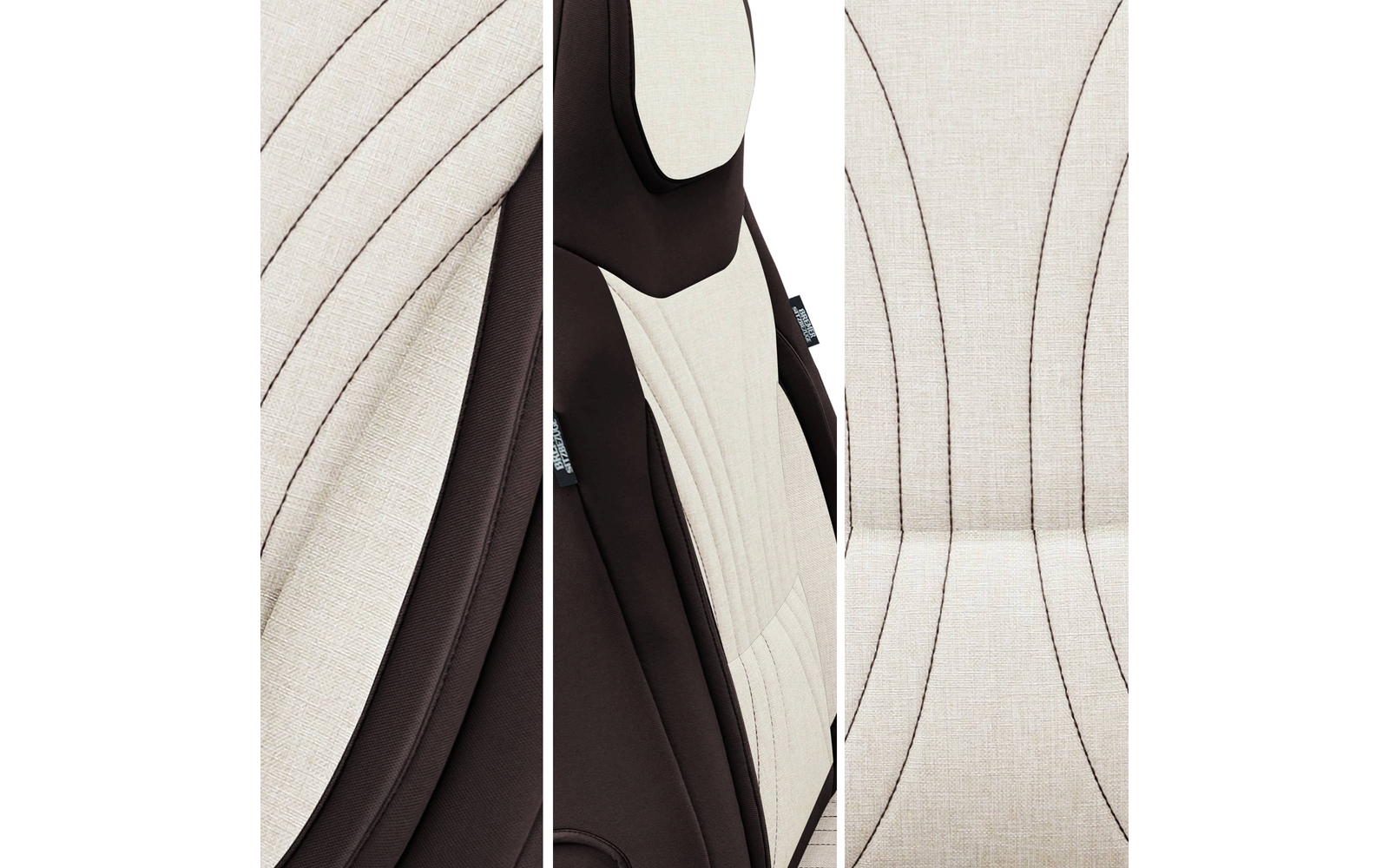 Dreiteilige Nahaufnahme eines hellbeigen bezogenen Sitzes mit dunkelbraunen Seiten und sichtbaren geschwungenen Nähten