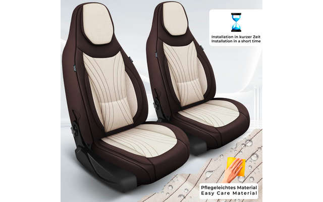 Zwei Autositze mit braunem Außenbezug und beige gesteppten Sitzbezügen auf hellem Hintergrund