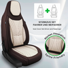 Braun-beiger Autositzbezug auf einem einzelnen Sitz mit Steppnähten; oben rechts Icons zweier Sitzsilhouetten mit grünem Plus und Text 'SITZBEZUG SET FAHRER UND BEIFAHRER' / 'Seat Cover Set Driver and Passenger'; rechts ein rundes Detailbild mit grün