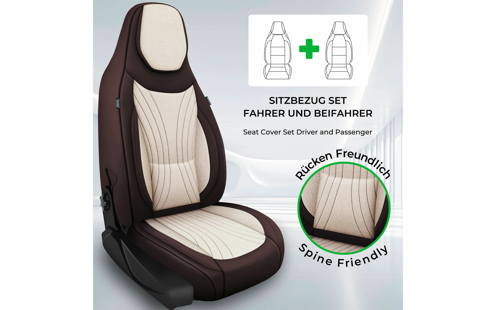 Braun-beiger Autositzbezug auf einem einzelnen Sitz mit Steppnähten; oben rechts Icons zweier Sitzsilhouetten mit grünem Plus und Text 'SITZBEZUG SET FAHRER UND BEIFAHRER' / 'Seat Cover Set Driver and Passenger'; rechts ein rundes Detailbild mit grün