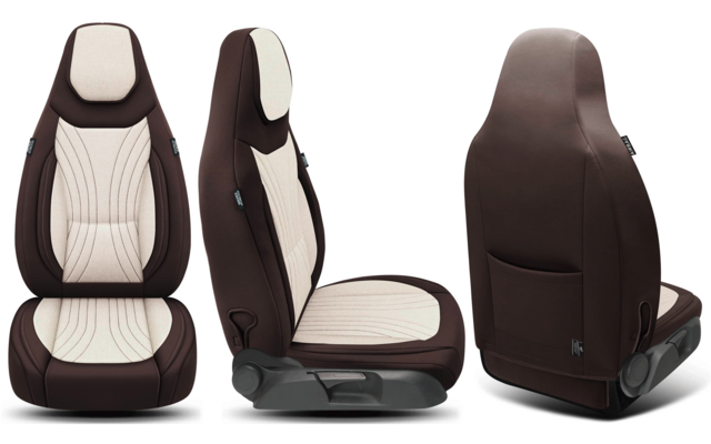 Drei Ansichten eines Autositzes in Braun und Creme: Vorderansicht, Seitenansicht und Rückseite, gesteppte Mittelpartien und Tasche hinten