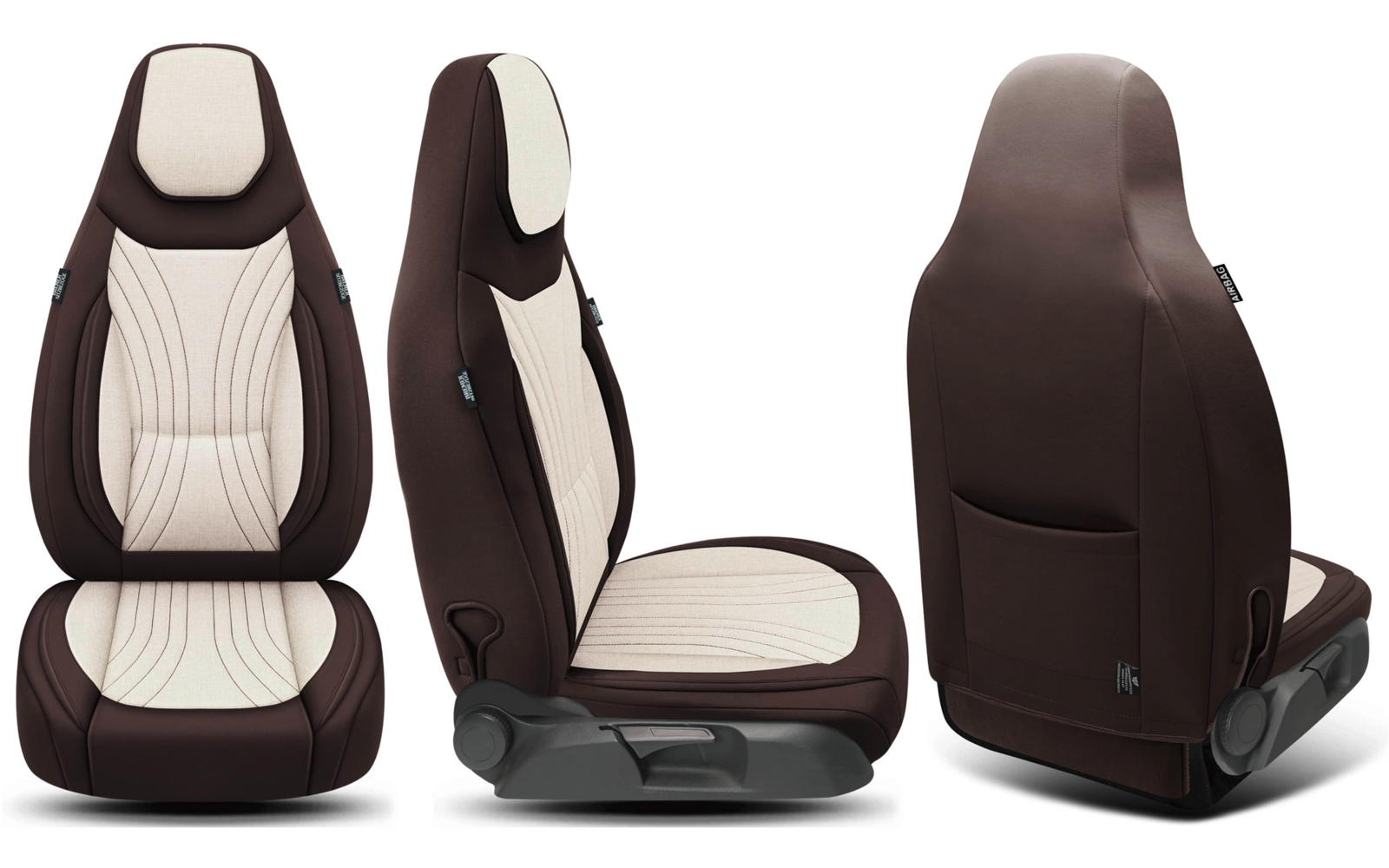 Drei Ansichten eines Autositzes in Braun und Creme: Vorderansicht, Seitenansicht und Rückseite, gesteppte Mittelpartien und Tasche hinten