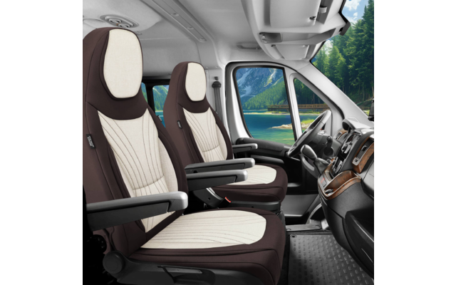 Zwei Vordersitze eines Fahrzeugs, Armlehnen, Lenkrad, Armaturenbrett und Fenster mit Blick auf See und Berge