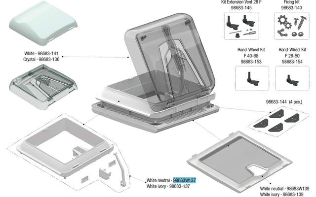 Explosionszeichnung eines quadratischen Kastens mit aufgeklapptem Deckel; sichtbare Teile: Rahmen, rechteckige Abdeckung, Scharniere, Dichtungen, Winkelstücke, Befestigungsteile und beschriftete Komponenten mit Pfeilen und Teilenummern