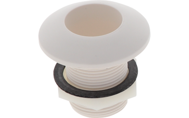 Pieza de plástico blanca con brida superior redonda, cuerpo cilíndrico roscado acanalado y junta de goma negra