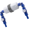 Blauwe en witte waterfilter met twee zijaansluitingen