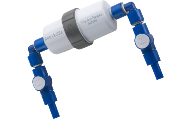 Blauer und weißer Wasserfilter mit zwei seitlichen Anschlüssen