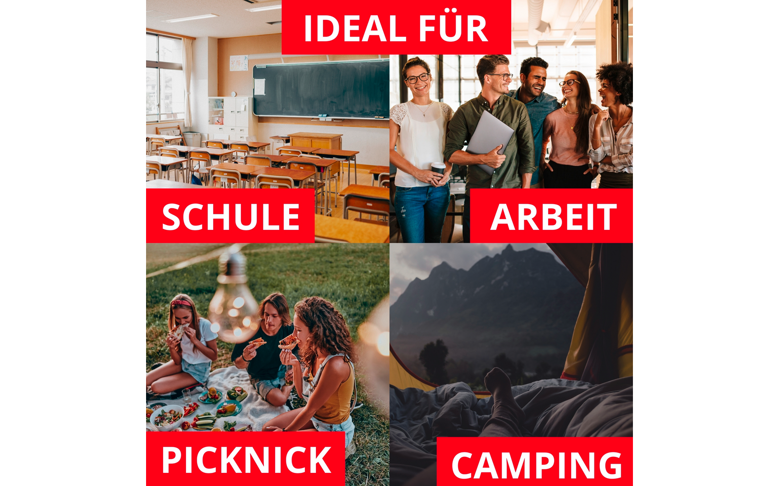 Vier Bildfelder: oben links leeres Klassenzimmer mit Tischen und Tafel; oben rechts fünf Personen im Flur, eine hält ein Laptop; unten links drei Personen auf Picknickdecke mit Essen; unten rechts Blick aus Zelt auf Berge und ausgestreckte Beine; rot