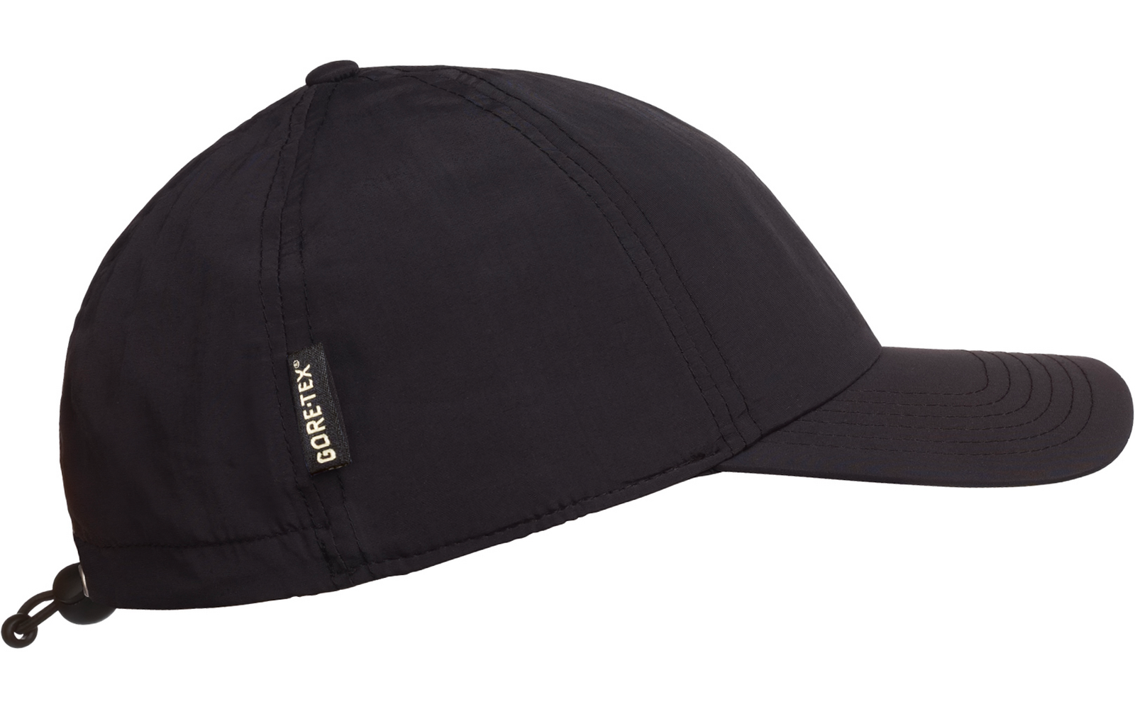 Schwarze Baseballkappe mit gebogenem Schirm und kleinem Textetikett an der Seite