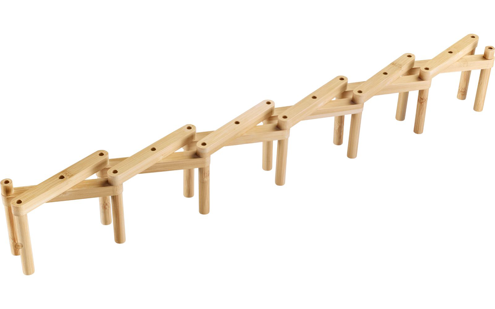 Striscia di legno a zigzag con sei perni rotondi, legno chiaro naturale, su sfondo bianco