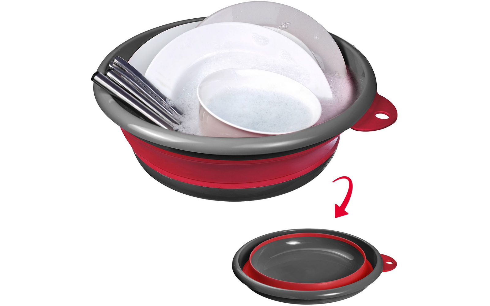 Bol rond pliable rouge et gris avec œillet sur le rebord, contenant deux assiettes blanches, un bol blanc avec eau savonneuse et des couverts ; encart montrant le bol plié avec une flèche rouge