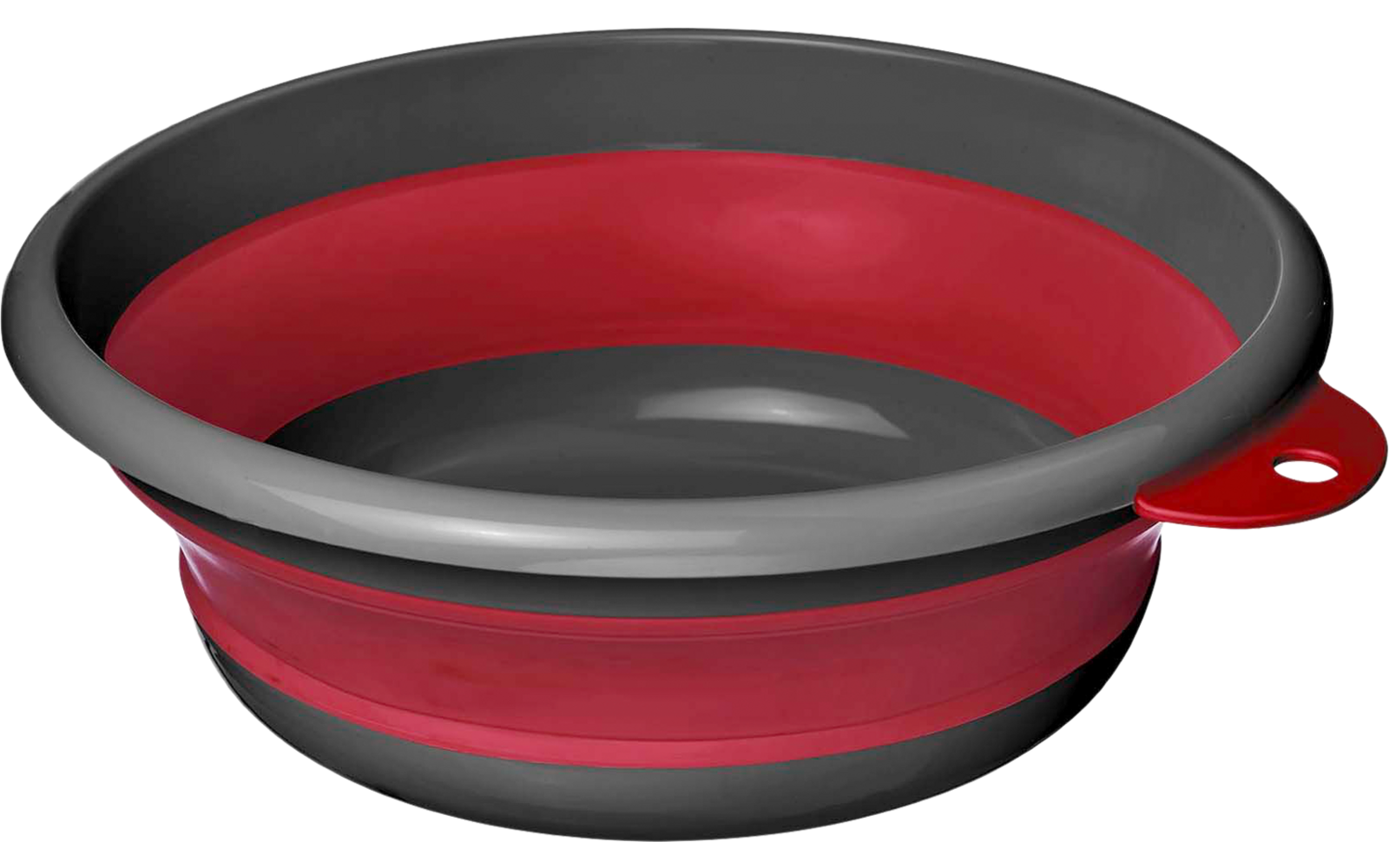 Bol rond pliable en silicone, rouge et gris, avec une languette percée sur le bord