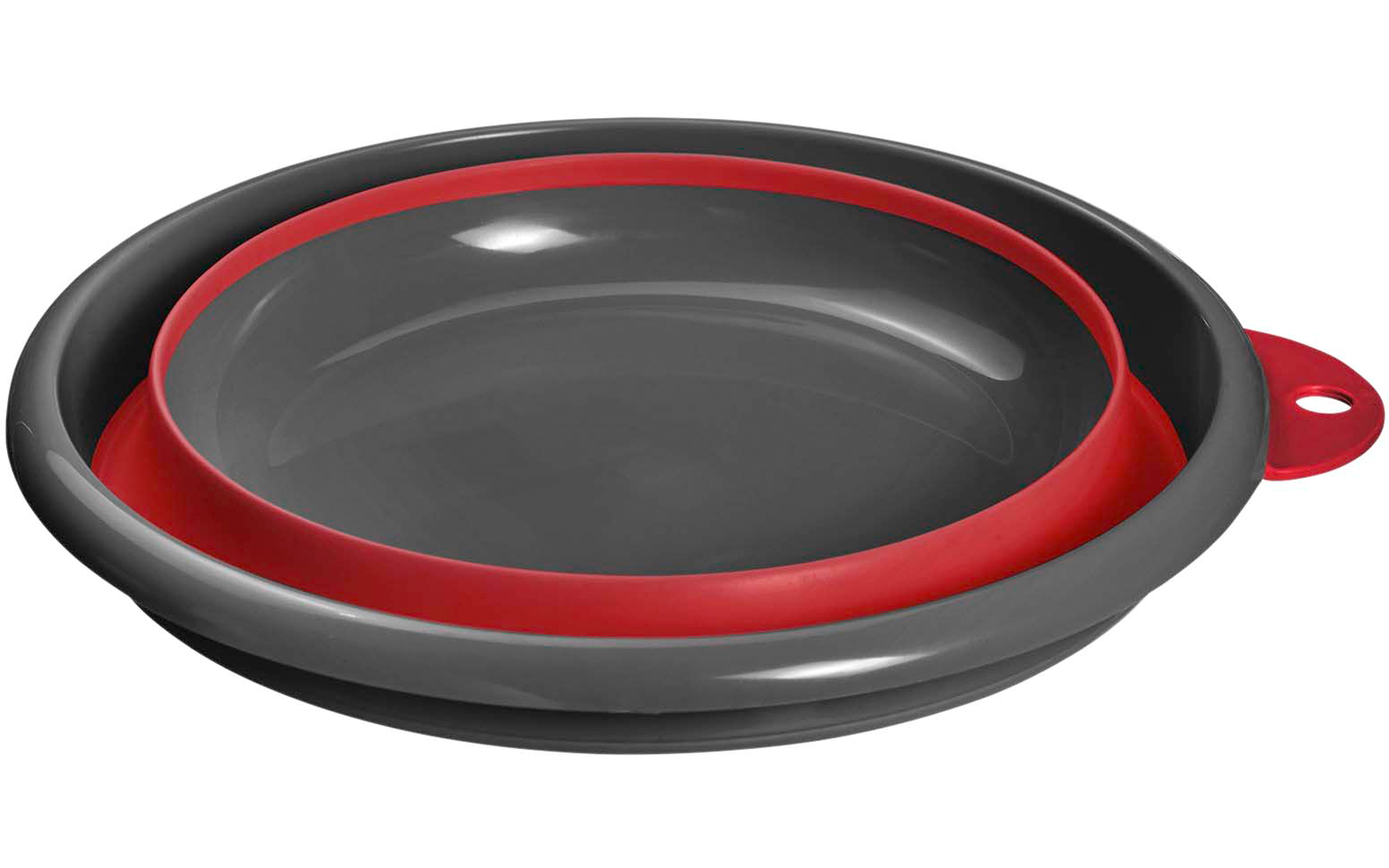 Deux bols ronds emboîtés avec intérieur gris et bord rouge, bol avant avec une languette percée