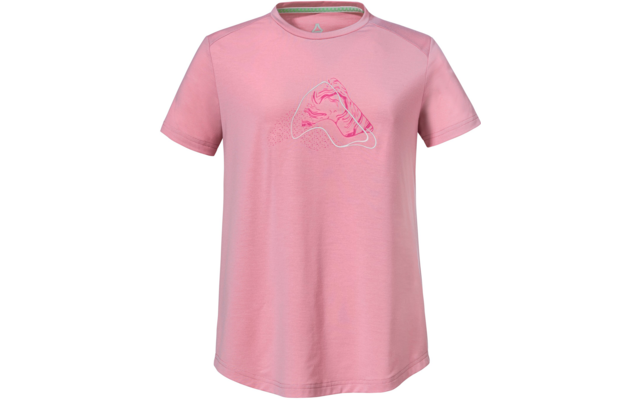 Rosa kurzärmeliges T-Shirt mit Rundhalsausschnitt und kleinem dreieckigem Motiv aus weißen und dunkleren rosa Linien und Punkten auf der Brust