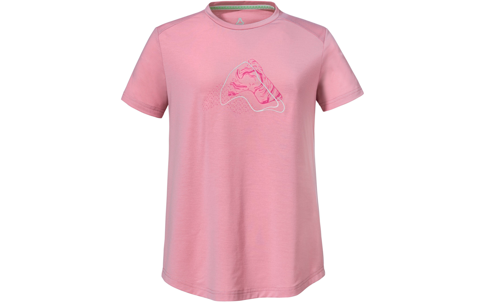 Rosa kurzärmeliges T-Shirt mit Rundhalsausschnitt und kleinem dreieckigem Motiv aus weißen und dunkleren rosa Linien und Punkten auf der Brust