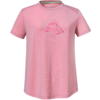 Rosa kurzärmeliges T-Shirt mit Rundhalsausschnitt und kleinem dreieckigem Motiv aus weißen und dunkleren rosa Linien und Punkten auf der Brust