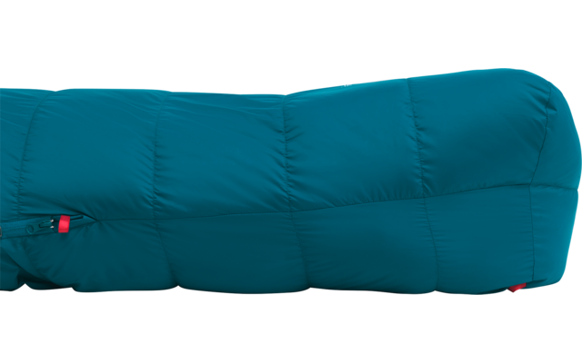 Turkooise doorgestikte slaapzak met zichtbare rits en rode ritstrekker
