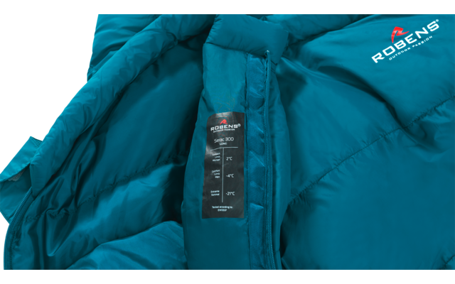 Close-up van de doorgestikte turquoise jasvoering met zichtbare rits, een zwart wasetiket met witte symbolen en het witte 'ROBENS'-logo met een rood driehoekje