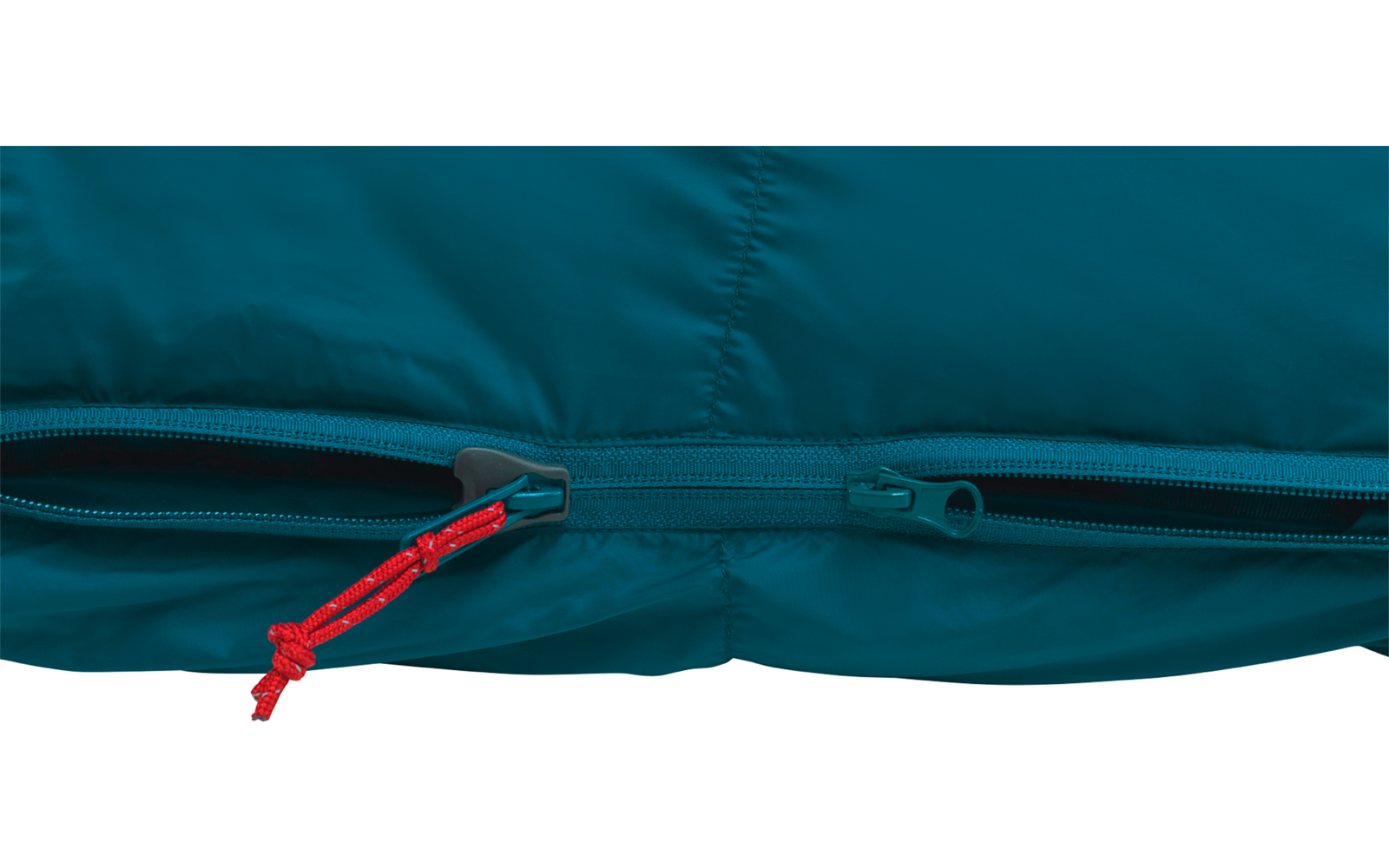 Close-up van turquoise gestikte stof met een rits, twee schuivers en een rood trekkoordje