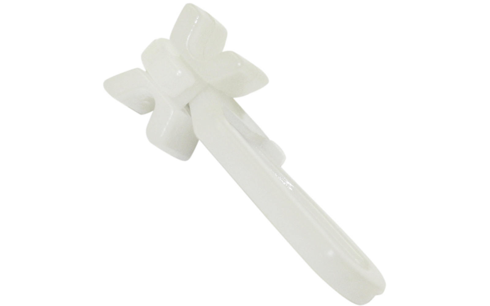 Weißes Kunststoffteil mit langem Stiel und blütenförmigem Kopf mit fünf abgerundeten Blättern vor weißem Hintergrund