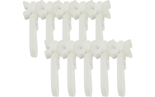 Due file parallele di cinque clip in plastica bianche con teste a forma di fiore