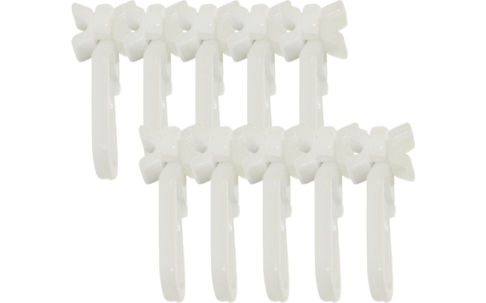 Due file parallele di cinque clip in plastica bianche con teste a forma di fiore