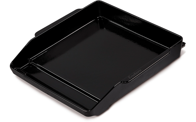 Zwart glanzend kunststof documentenbakje, rechthoekig met opstaande zijranden en voorste uitsparing, op witte achtergrond