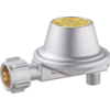 Silver round metal device with a yellow label on top, a side threaded connector with a nut, and a short threaded outlet at the bottom, on a white background