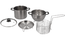 Kochgeschirr-Set aus Edelstahl mit Topf, Deckel, Dämpfeinsatz, einem Siebeinsatz mit Stiel und einem Abtropfgitter