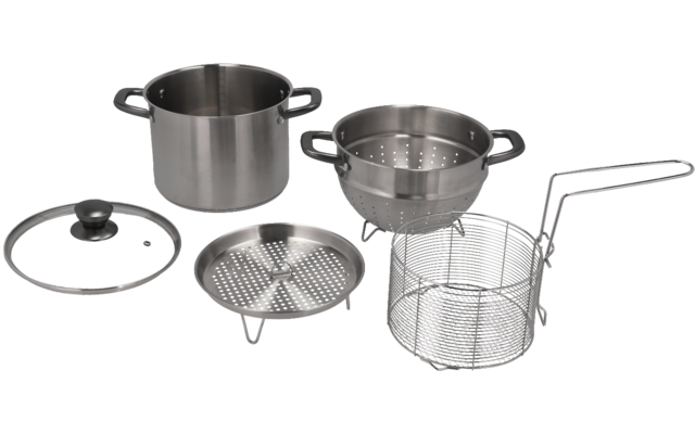 Kochgeschirr-Set aus Edelstahl mit Topf, Deckel, Dämpfeinsatz, einem Siebeinsatz mit Stiel und einem Abtropfgitter