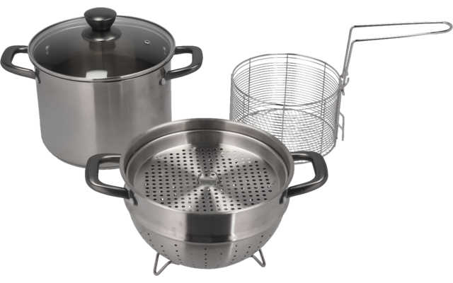Küchenutensilien aus Edelstahl, darunter ein Topf mit Deckel, ein Dämpfeinsatz und ein Siebeinsatz mit Griff