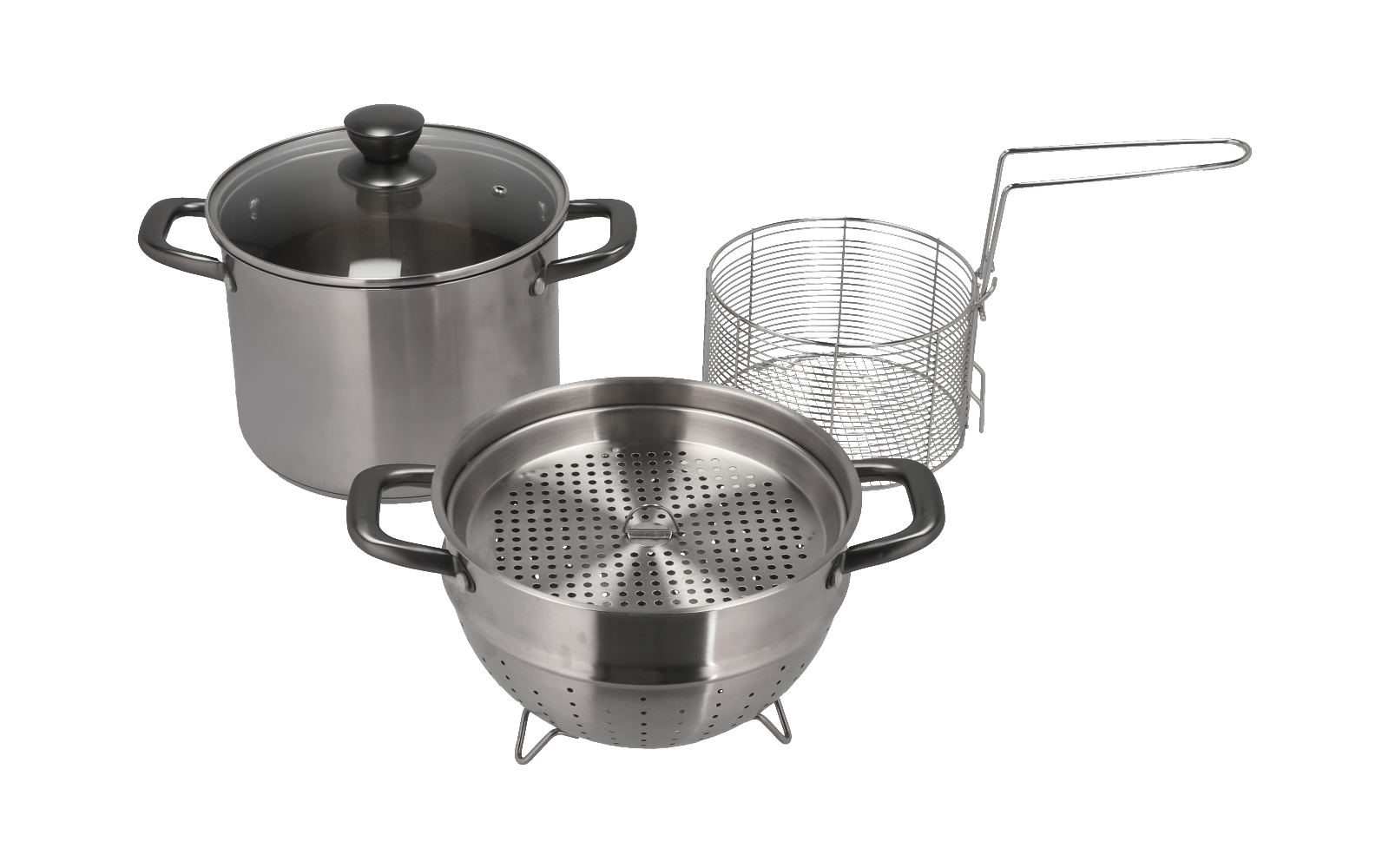 Küchenutensilien aus Edelstahl, darunter ein Topf mit Deckel, ein Dämpfeinsatz und ein Siebeinsatz mit Griff