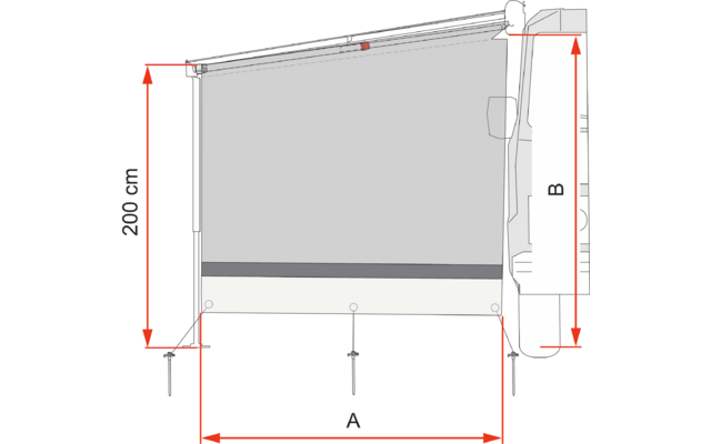 Vista laterale schematica di un tessuto grigio rettangolare in una cornice con una cassetta a destra, guida superiore, barra inferiore con tre fissaggi inferiori e frecce di quota rosse etichettate '200 cm' a sinistra, 'A' in basso e 'B' a destra