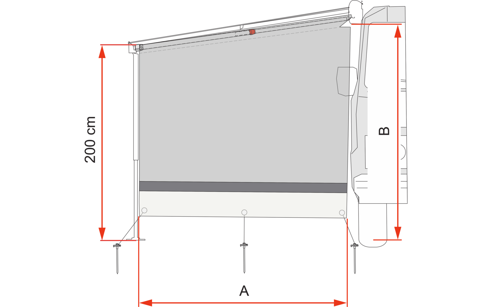 Vista laterale schematica di un tessuto grigio rettangolare in una cornice con una cassetta a destra, guida superiore, barra inferiore con tre fissaggi inferiori e frecce di quota rosse etichettate '200 cm' a sinistra, 'A' in basso e 'B' a destra