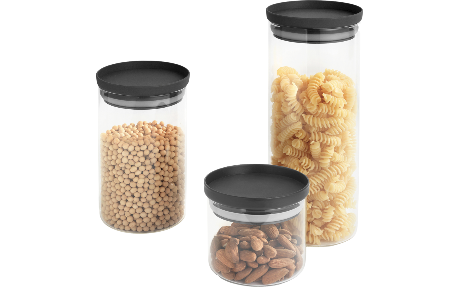 Drie doorzichtige plastic containers met zwarte deksels, gevuld met kikkererwten, cashewnoten en amandelen