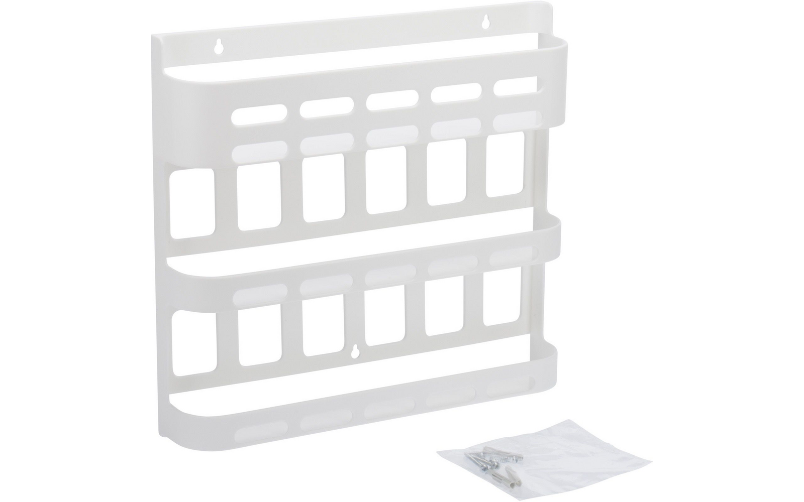 Wit kunststof wandrek met drie horizontale planken, rechthoekige uitsparingen en twee ophanggaten; daarnaast een klein plastic zakje met schroeven en pluggen