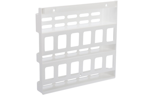 Wit kunststof wandpaneel met drie horizontale plankjes, rechthoekige openingen en twee ophangsloten bovenaan