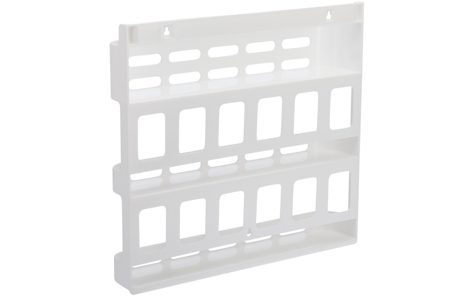 Wit kunststof wandpaneel met drie horizontale plankjes, rechthoekige openingen en twee ophangsloten bovenaan