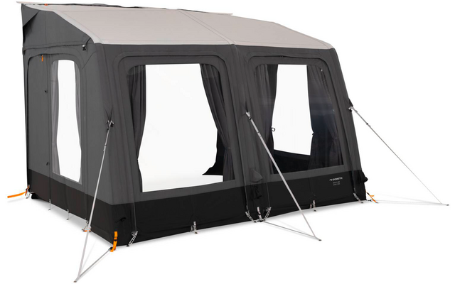 Graue Stoffkonstruktion mit drei großen, rechteckigen transparenten Fenstern, schwarzem Bodenrand und gespannten Abspannleinen