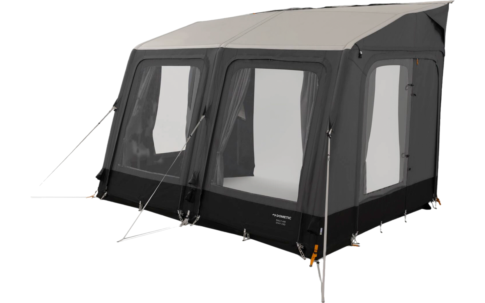 Gray-anthracite tent with three large transparent windows, light-gray roof extension, guy lines, metal poles and black base