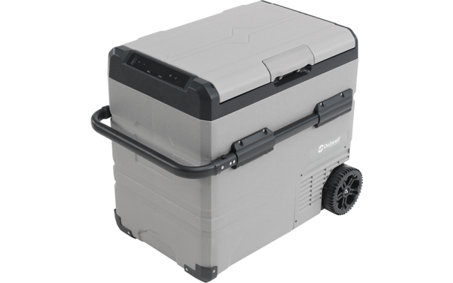 Graue tragbare Kühlbox mit schwarzem Rand, klappbarem Deckel, seitlichem Griff, Bedienfeld oben und zwei Rädern