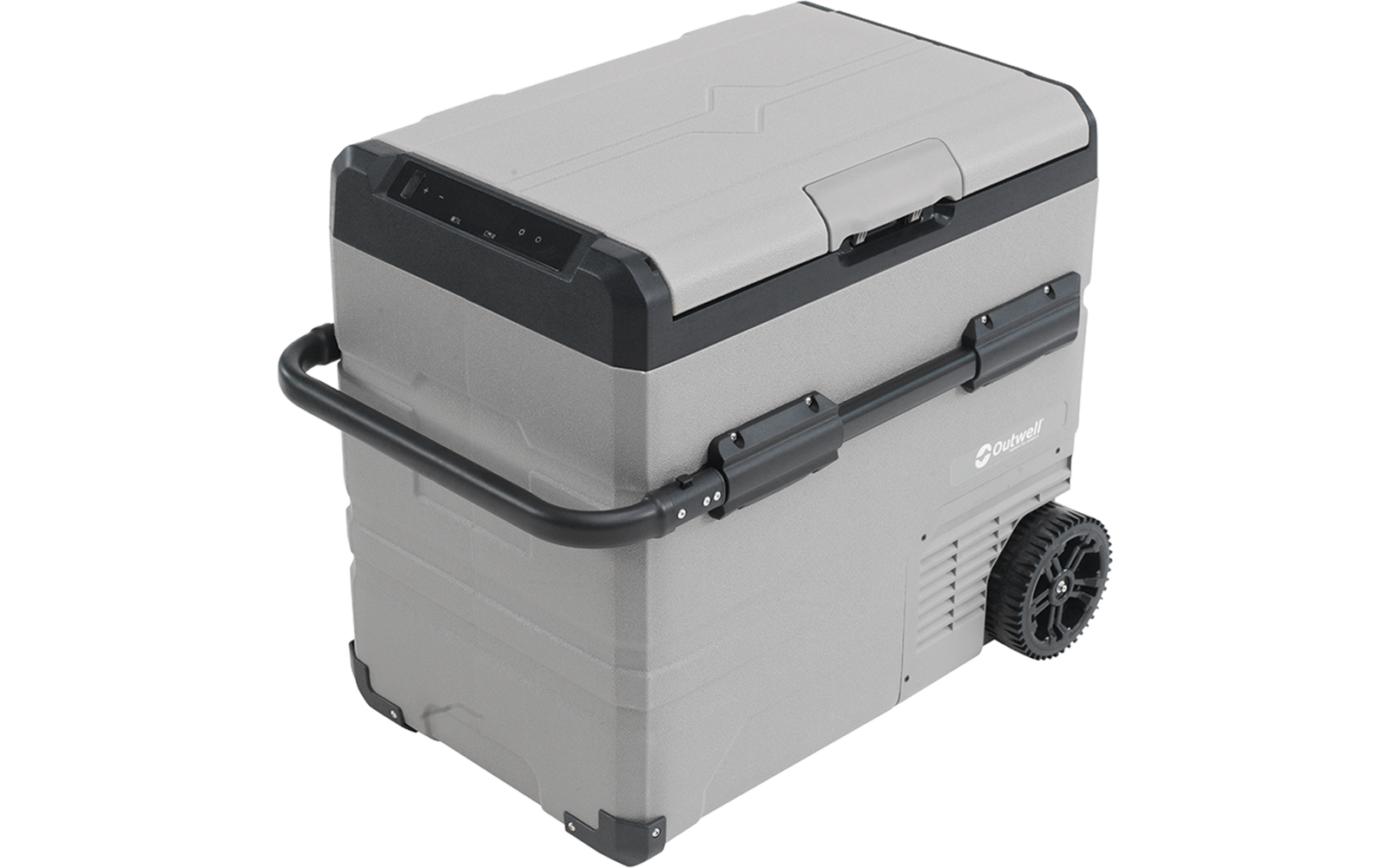 Graue tragbare Kühlbox mit schwarzem Rand, klappbarem Deckel, seitlichem Griff, Bedienfeld oben und zwei Rädern