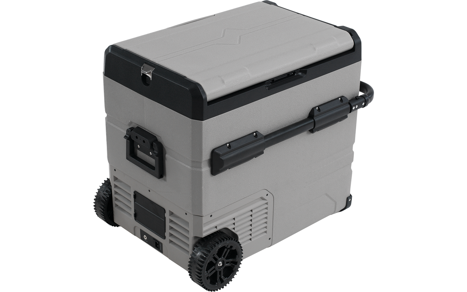 Rechteckiges hellgraues Gerät mit dunkelgrauem, scharnierbarem Deckel, sichtbaren Scharnieren, seitlichem Griff, zwei Rädern und Lüftungsöffnungen an der Unterseite