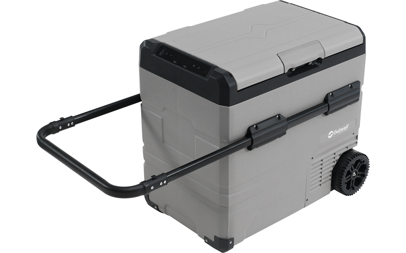 Graue rechteckige Box mit aufklappbarem Deckel, schwarzem Rand, seitlichen Griffstangen, ausziehbarem schwarzen Zuggriff, Rad und Lüftungsöffnungen rechts