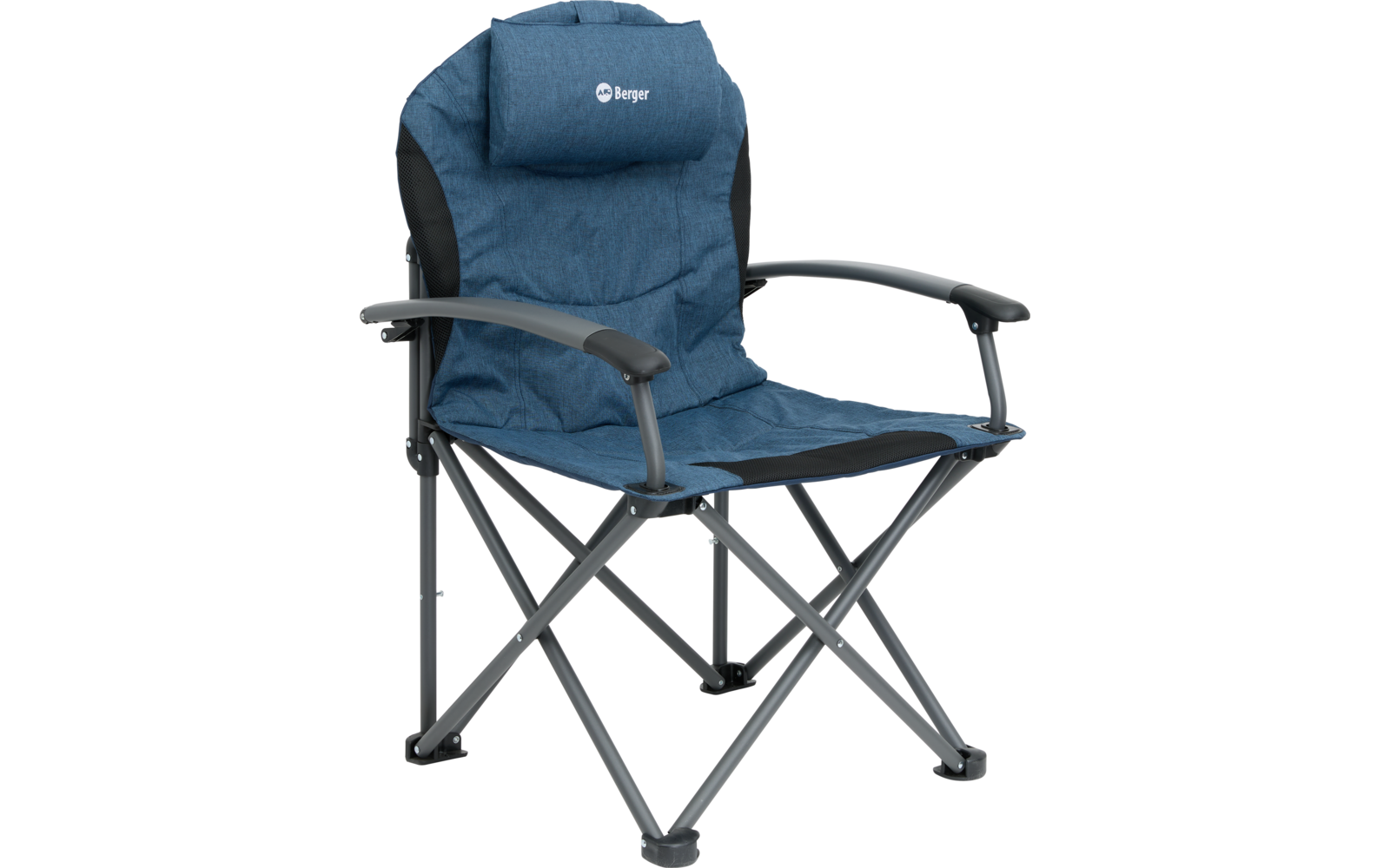 Blauer Klappstuhl aus Stoff mit Metallgestell, Armlehnen und aufgesetztem Logo