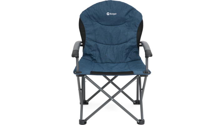 Blauer faltbarer Stuhl mit schwarzem Metallgestell, schwarzen Armlehnen und Markenlogo Berger auf der Rückenlehne