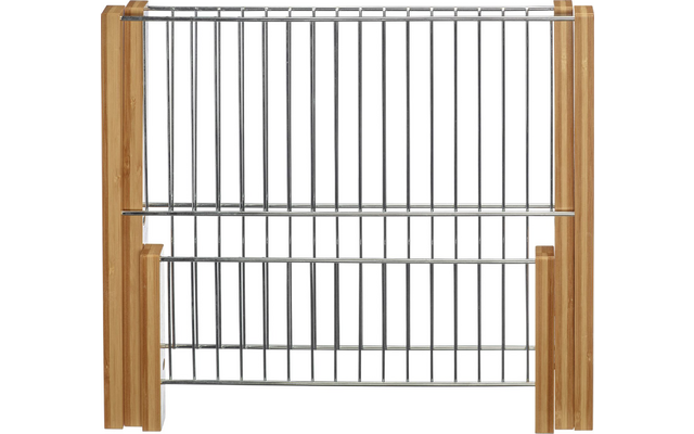 Marco de madera con barrotes metálicos verticales y dos travesaños horizontales