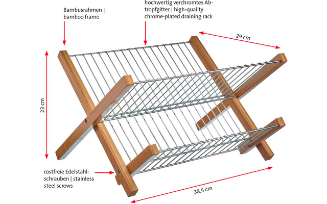 Dos niveles de rejillas metálicas sobre un armazón de bambú cruzado; flechas rojas de dimensión con 38,5 cm, 29 cm y 23 cm; pequeñas flechas rojas y etiquetas de texto señalando el armazón, tornillos y rejillas