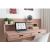 Bureau rose avec meuble de rangement et deux tiroirs. Sur le plateau : ordinateur portable ouvert, petit ventilateur, deux livres et une plante en pot. Dossier de chaise blanc au premier plan, deux tableaux au mur, mur bicolore jusqu'à mi-hauteur et rideau
